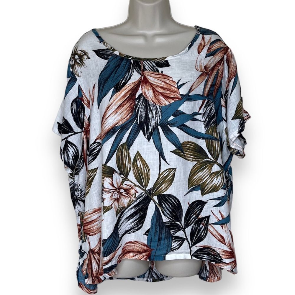 C&C California Linen Cream Tropical Flower High Low Short Sleeve Top Women 1X
